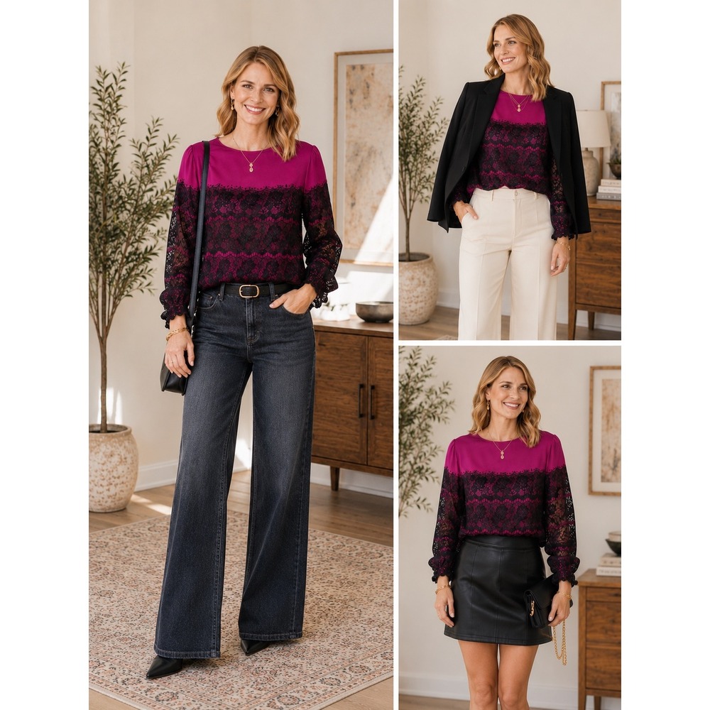 Laundry by Shelli‎ Segal Magenta & Black Lace Romantic Date Night Blouse 10